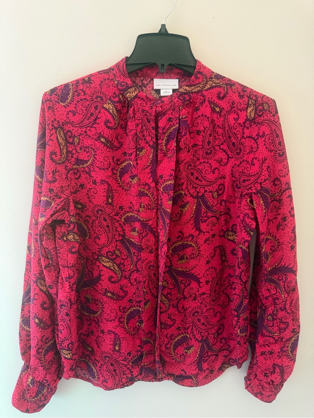 Liz Claiborne Fuchsia Pink and Purple Paisley Blouse with Button neck size small